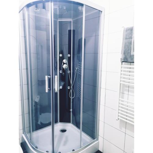 a shower with a glass door in a bathroom at L'émeraude in Le Bourg-dʼOisans