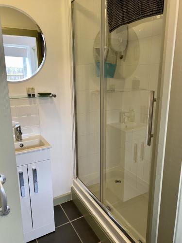 a shower with a glass door in a bathroom at Jollys of Goodrich in Goodrich