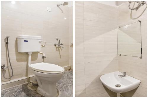 2 immagini di un bagno con servizi igienici e lavandino di Hotel Saubhagya a Bhopal