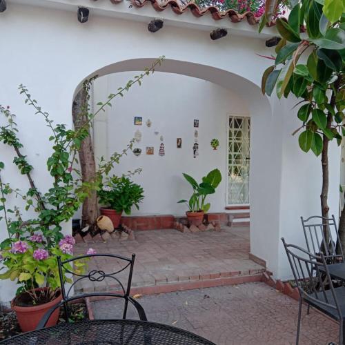 a patio with potted plants and an archway at Da Tea in San Teodoro