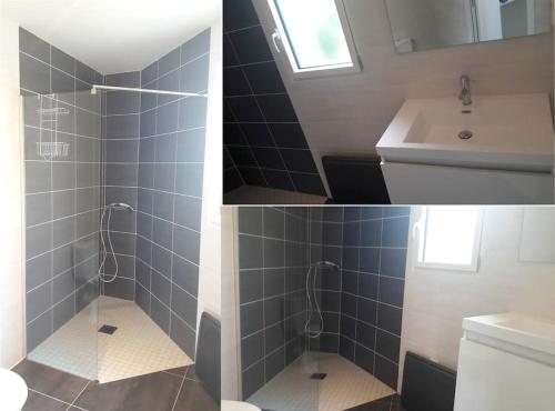 - deux photos d'une salle de bains avec douche et lavabo dans l'établissement Belle Maisonnette avec jardin 2 pas du VIEUX PORT, à La Rochelle