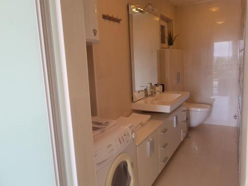 baño blanco con lavadora y lavamanos en Apartments Fontana Zambratija, en Zambratija