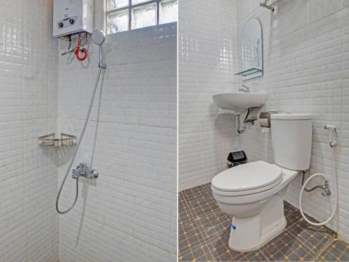 two pictures of a bathroom with a toilet and a sink at OYO 92579 Hotel Mutiara in Pematangsiantar