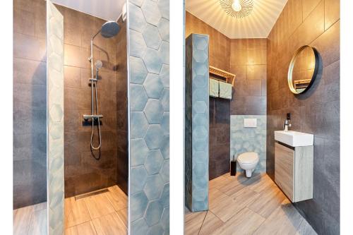 two pictures of a bathroom with a shower and a toilet at Enschede91 in Enschede