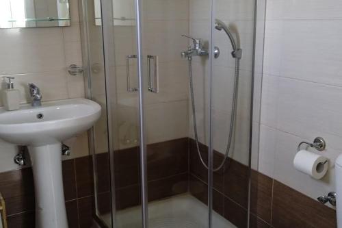 a bathroom with a shower and a sink and a sink at Studio Angelika in Glinado Naxos