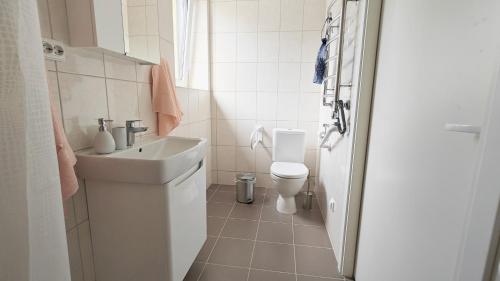 uma casa de banho branca com um lavatório e um WC em Vakaro Namai em Alytus