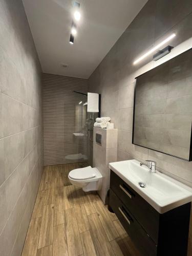 uma casa de banho com um WC, um lavatório e um espelho. em Apartament Wojska Polskiego 35 em Wadowice