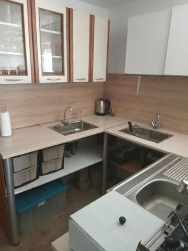 eine Küche mit zwei Waschbecken und einer Arbeitsplatte in der Unterkunft Къща за гости Слънце Борики in Gabrowo