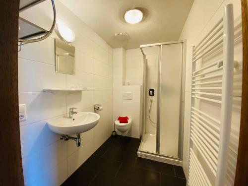 a bathroom with a sink and a shower and a toilet at Pension Jagerhof - Sommercard Inkl - 5 Min zum Hochzeiger in Jerzens