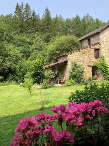 un ramo de flores rosas delante de un edificio en Le Moulin de la Farge B&B, en Saint-Moreil