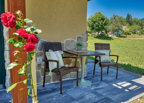 a table and chairs on a patio with roses at Betlehem Resort in Zgornje Gorje