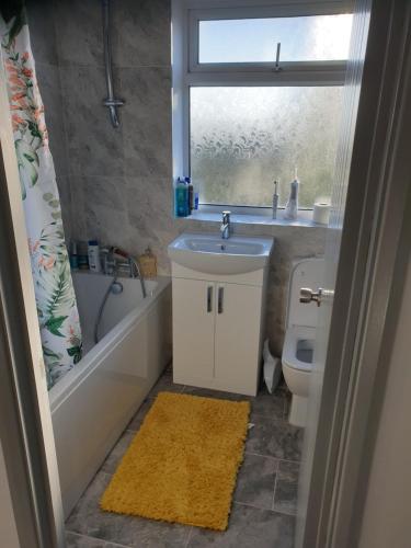 een badkamer met een wastafel, een toilet en een raam bij Humphrey House in Parkside