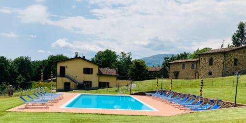 a swimming pool in a field with blue chairs at Agriturismo Tramonti in Castiglione di Garfagnana