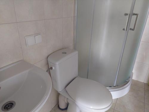 W łazience znajduje się biała toaleta i prysznic. w obiekcie Domki nad jeziorem - Posiadłość Nad Zatoką w Rynie
