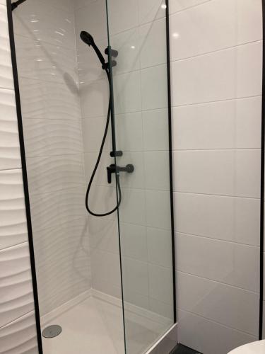 a shower stall with a glass shower door at Ośrodek Wczasowy Magnat in Łeba