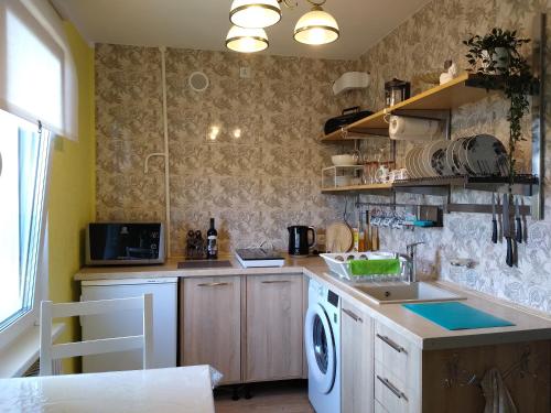 a kitchen with a washing machine and a sink at Sunrise Apartment in Madona