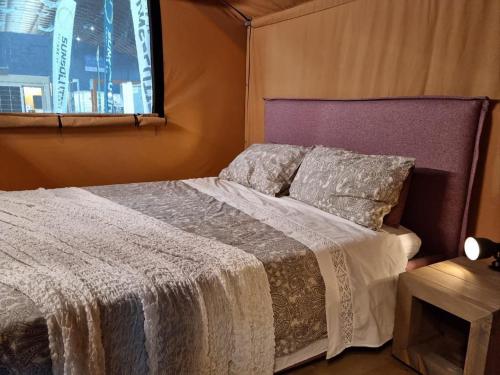 a bedroom with a bed and a window at Glamping Debbiare in Riparbella