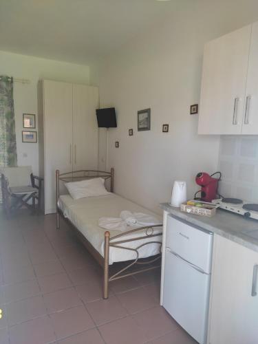 a small bedroom with a bed in a kitchen at HELEN STUDIOS in Plános
