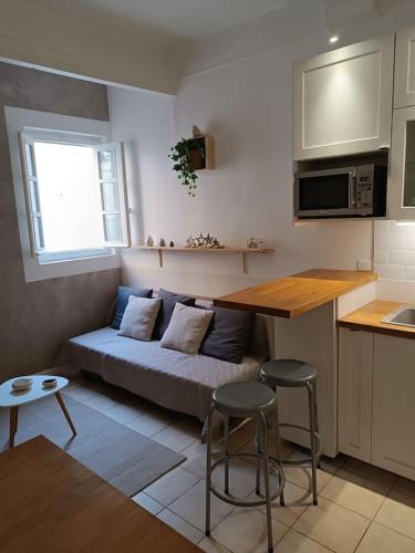 un salon avec un canapé dans une cuisine dans l'établissement Cosy appartement intra-muros, à Avignon