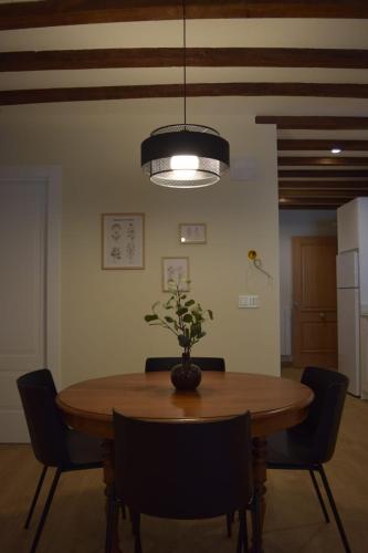 a dining room table with chairs and a potted plant at Peritxenea Landa Apartamentuak in Lesaka