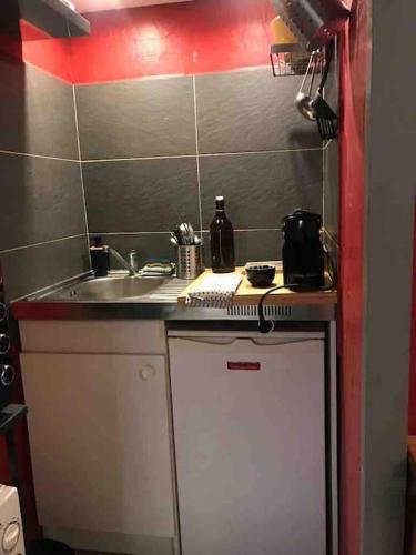une petite cuisine avec un évier et un comptoir dans l'établissement Studio Marais Saint Paul, à Paris