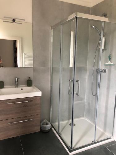 une salle de bain avec douche et lavabo dans l'établissement Chambres et table d'hôtes Le Pontet, à Arthès