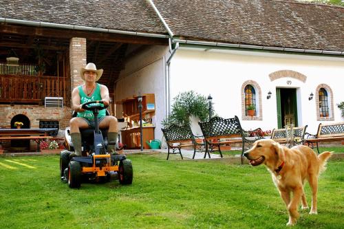 a woman on a segway in a yard with a dog at Flórián Vendégház in Villánykövesd