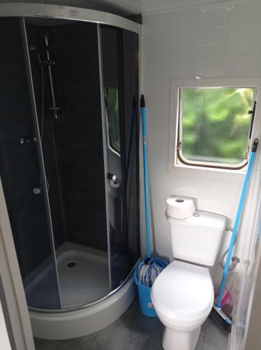 a small bathroom with a toilet and a shower at Ośrodek Wypoczynkowy Barbara in Gródek Nad Dunajcem