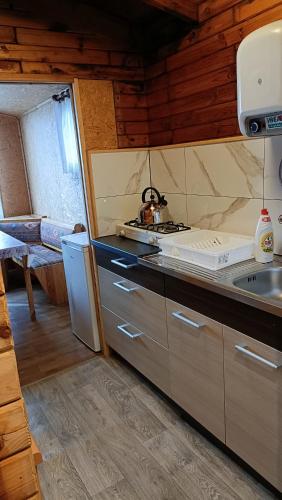 a kitchen with a stove and a sink in a cabin at SŁONECZNIK domki letniskowe Charbrowo-Łeba in Charbrowo