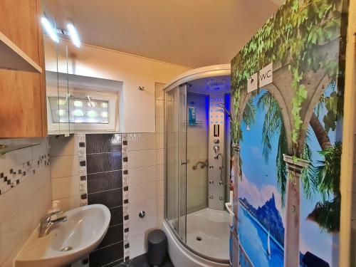 a bathroom with a shower and a sink at Holiday Place Veli Dvor - vacation house with private garden in old town Punat in Punat