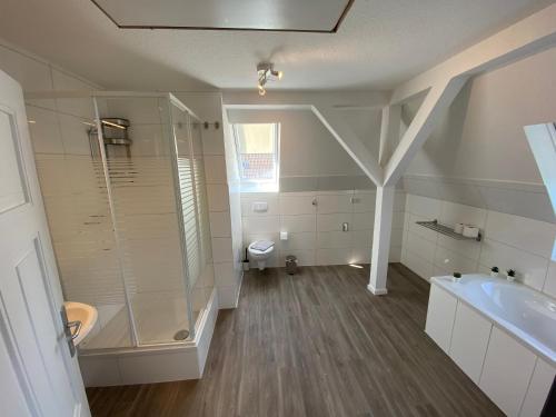 ein Bad mit einer Dusche, einem Waschbecken und einem WC in der Unterkunft Villa Rysum in Krummhörn