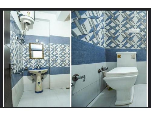- deux photos d'une salle de bains avec toilettes et lavabo dans l'établissement Fogg Valley, Banikhet Jangal, à Banikhet