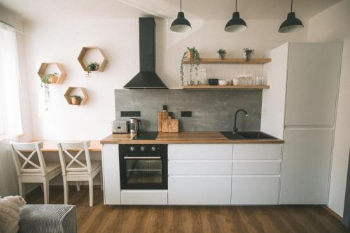 Kuchyň nebo kuchyňský kout v ubytování KVARTÝR - nový apartmán na náměstí v České Lípě