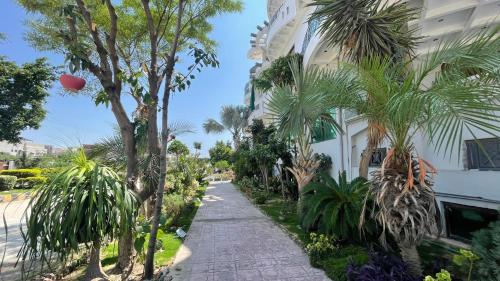 a sidewalk lined with palm trees next to a building at Midways Guest House and Hotels in Islamabad