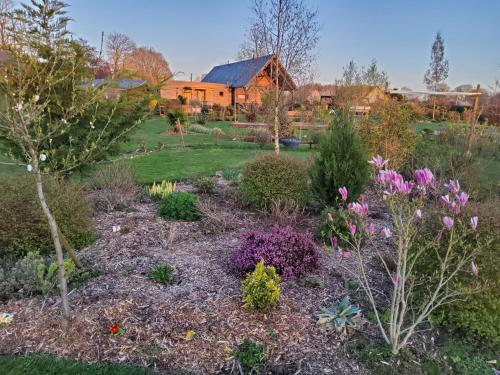 un giardino con fiori e una casa sullo sfondo di L’Ombragée Au Doux Refuge a Courtonne-la-Meurdrac