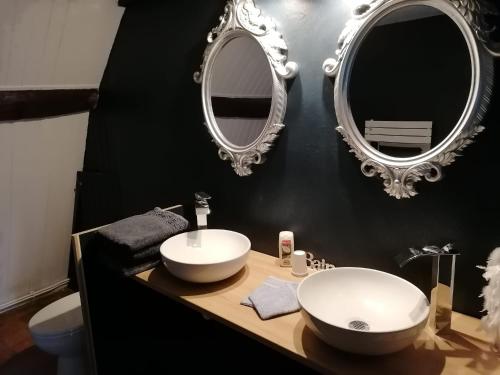 łazienka z umywalką i 2 lustrami w obiekcie La Dent de Croiacus - Gîte 4 personnes proche de Chambord w mieście Chambord