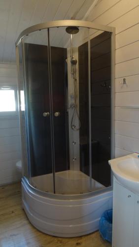 a glass shower in a bathroom with a sink at Ośrodek Wypoczynkowy Barbara in Gródek Nad Dunajcem