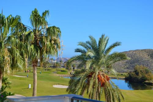 a view of a golf course with palm trees and a lake at Hermanas de Pulpi in San Juan de los Terreros