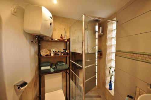 La salle de bains est pourvue d'une douche et de toilettes. dans l'établissement Tinyhouse im Patio einer romantischen Finca, à Grima