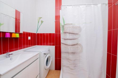 een badkamer met een wasmachine en een wastafel bij Casinha I by Innkeeper in Guia