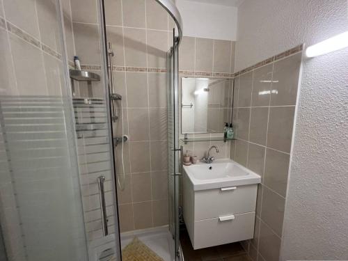 une salle de bain avec une douche et un lavabo et une douche dans l'établissement T2 Mezzanine 6 pers, Terrasse, Barbecue, Près de la plage - FR-1-81-196, à Port-Leucate