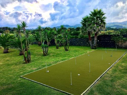 a golf course with palm trees in a field at Whalesbay Hotel Apartamentos in Capelas