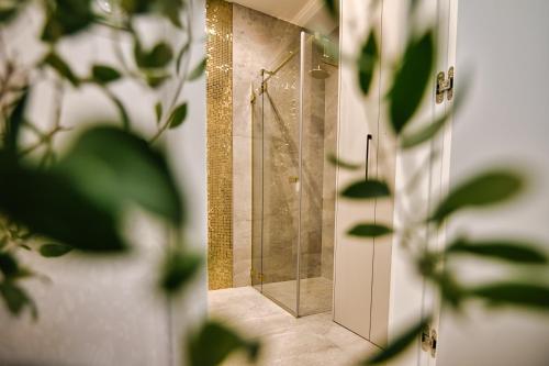uma casa de banho com um chuveiro e uma porta de vidro em Apartament ANIOŁY 29 em Zator
