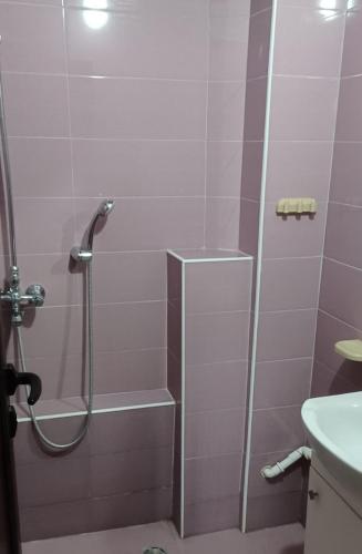 Baño de color rosa con ducha y lavabo en КОРОНА, 