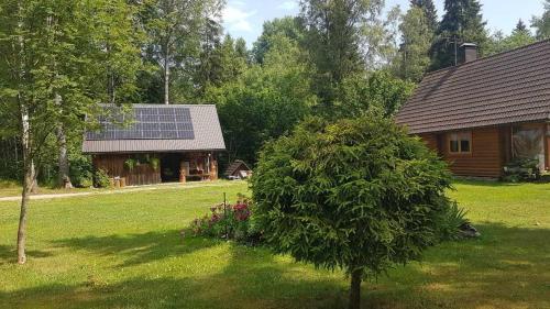 a house with a solar roof with a tree in the yard at Lonni Nature Eco-Accommodation in Hagudi
