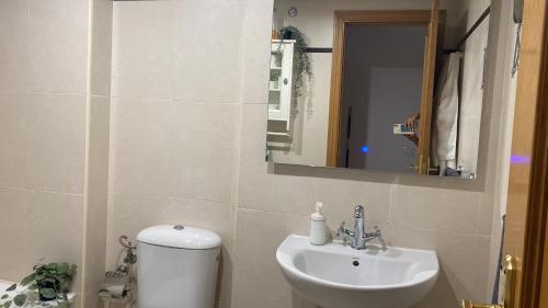 een badkamer met een toilet, een wastafel en een spiegel bij Hevres Playa Torremolinos in Torremolinos