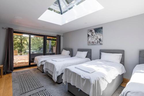 three beds in a room with a skylight at Kingsley Paddocks in Chew Stoke