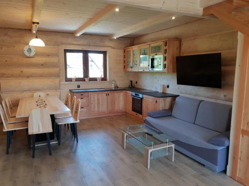 a kitchen and living room with a couch and a table at Chochołowsko-Witowski Wypoczynek in Witów