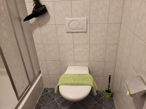 a bathroom with a toilet with a green blanket on it at Apartment Michael by Interhome in Kappl