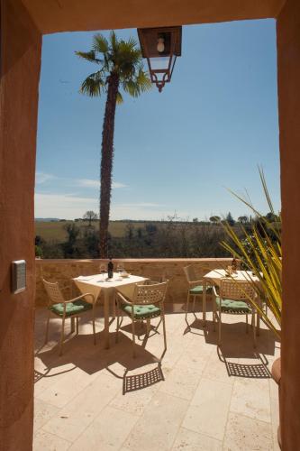 a patio with a table and chairs and a palm tree at Palazzo Pacini in Colle Val D'Elsa